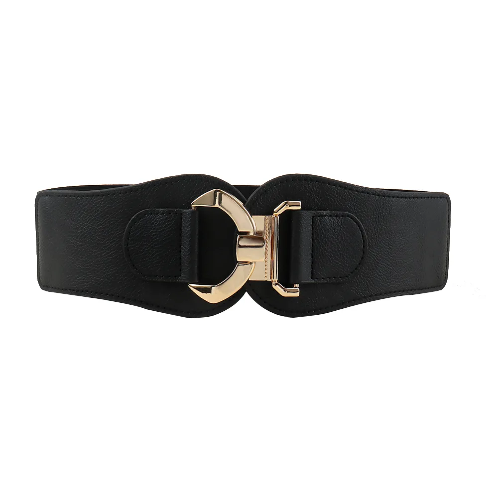 New Autumn And Winter Women's Wide Belt Metal Curved Buckle Belt With Suit Jacket Elastic Elastic Comfortable Waist Black - Shop at LoveMi