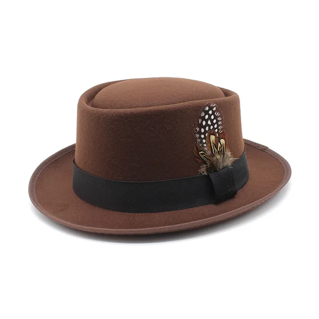 Versatile Jazz Hat Flat Top Woolen Feather French Brown - Shop at LoveMi