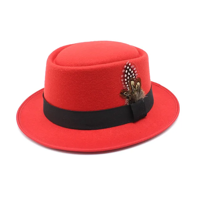 Versatile Jazz Hat Flat Top Woolen Feather French Red - Shop at LoveMi