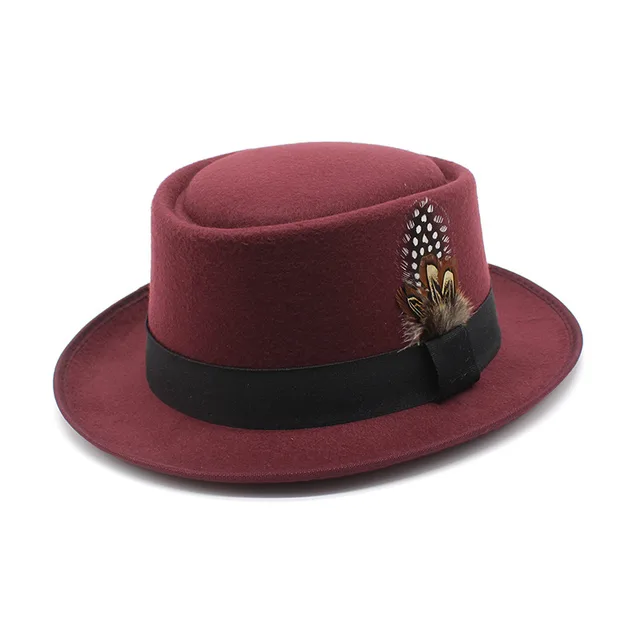 Versatile Jazz Hat Flat Top Woolen Feather French Wine Red - Shop at LoveMi