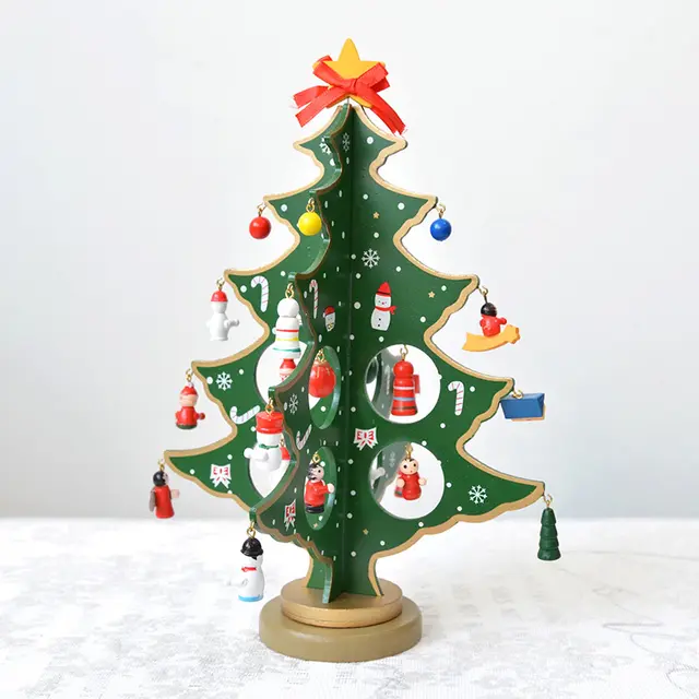 Combination Three-dimensional Pendant Villain Wooden Christmas Tree Ornament - Green Two Leaves Tree