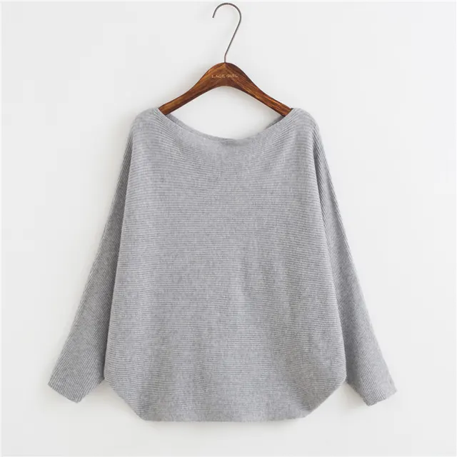 New Loose Large Size Solid Color Pullover Short Long Sleeve Knitted Bottoming Shirt Batwing Sleeve Sweater Gray - Shop at LoveMi