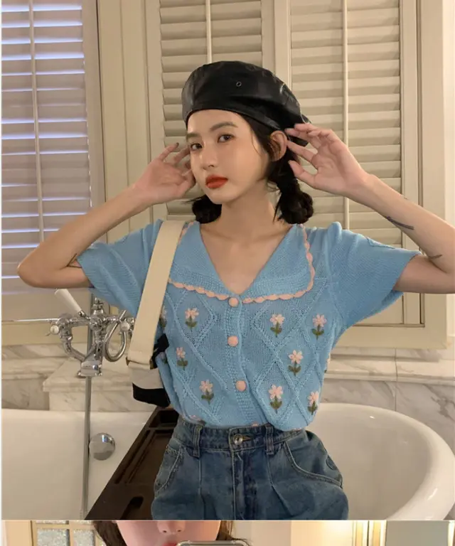 French Thin Short Sleeved Western style Knitwear For Women Sky Blue - Shop at LoveMi