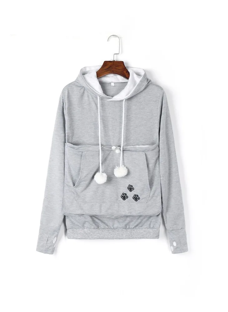 Cute Hoodies Pullover Sweatshirts With Pet Pocket For Cat Clothes Winter Women - Grey