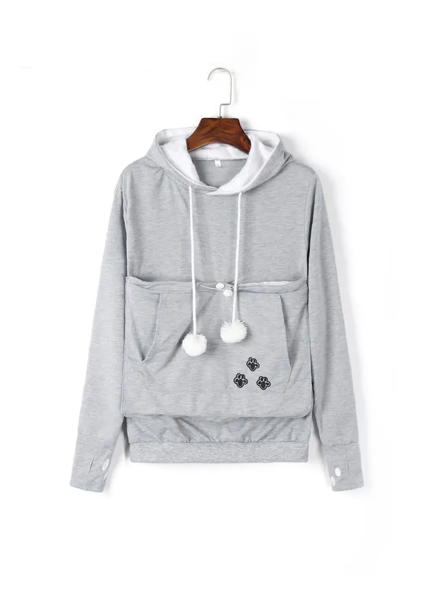 Cute Hoodies Pullover Sweatshirts With Pet Pocket For Cat Clothes Winter Women Grey - Shop at LoveMi