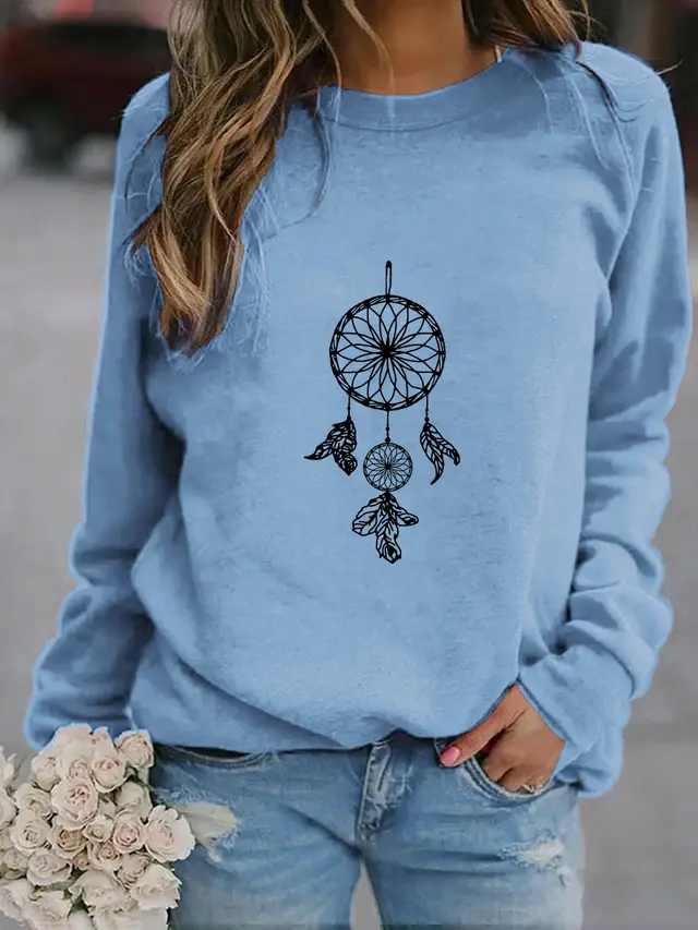 Women's Ethnic Print Oversized Sweatshirt Light Blue - Shop at LoveMi