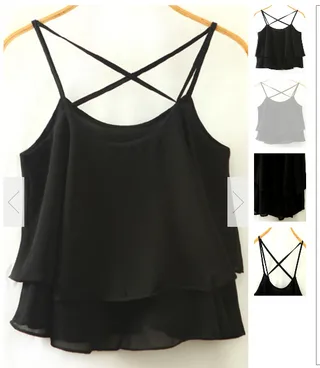 Solid Color Elegant Ruffle Double-layer Chiffon Camisole Casual All-matching Tops - Black