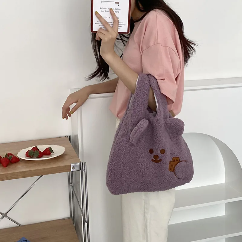 Cartoon Plush Backpack Cute Girl Lamb Wool Hand Bag Purple - Shop at LoveMi