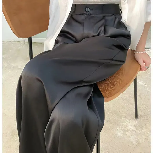 European And American Acetate Satin Straight Wide Leg Pants For Women Black Extended Version - Shop at LoveMi