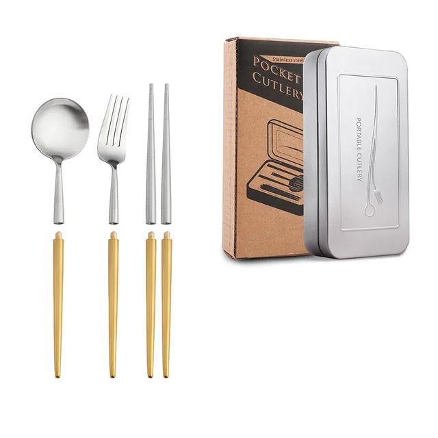 Stainless Steel Removable Portuguese Portable Knife Fork And Spoon Chopsticks Set Three Pieces Of Gold Silver2 - Shop at LoveMi