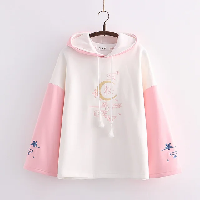 Alphabet Color Matching Sleeves And Velvet Padded Hooded Sweater Women Pink - Shop at LoveMi