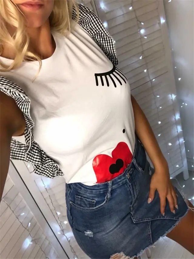 New Summer Fashion Printed Mouth Lip Print Eyelash Round Neck Top Women's T shirt White - Shop at LoveMi