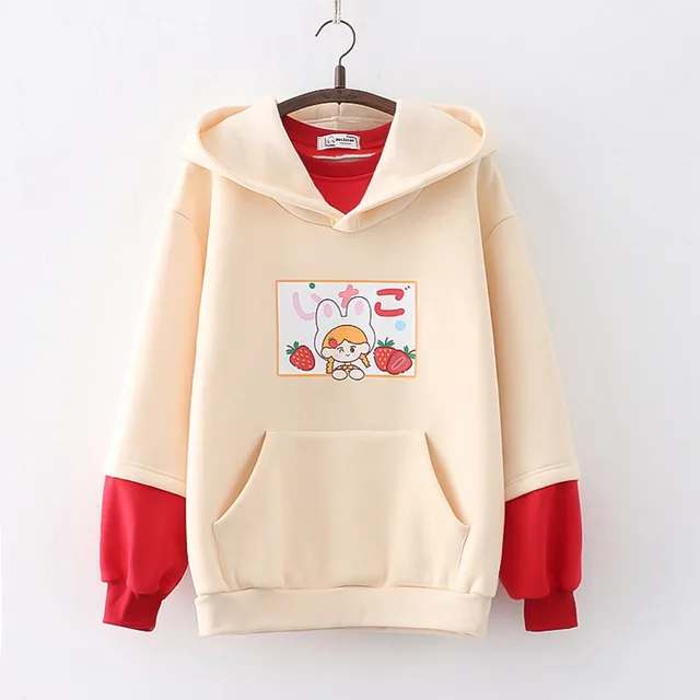 Strawberry Printed Fleece Padded Sweater For Girls Khaki - Shop at LoveMi