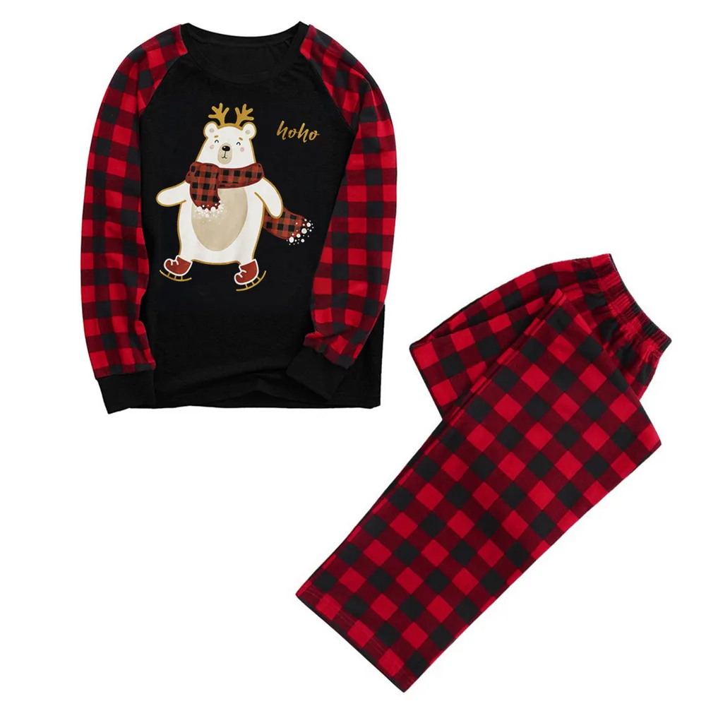 Christmas Plaid Cartoon Bear Printed Parent child Wear Long Sleeve Pajamas Homewear Suit Plaid Bear 1 - Shop at LoveMi