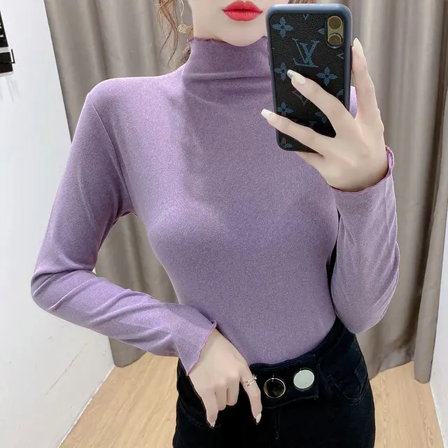 Long Sleeve Half Turtleneck Fleece Lined Warm Top Slim Bottoming Shirt Knitted Sweater Purple - Shop at LoveMi