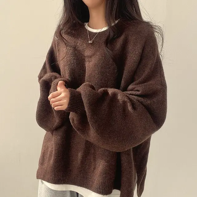 Crewneck Pullover Lantern Sleeve Loose Sweater Woman Coffee - Shop at LoveMi