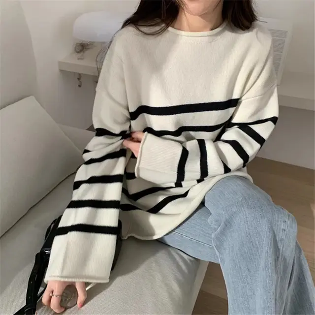Long Sleeve Contrast Striped Sweater Women Loose Lazy Off White - Shop at LoveMi