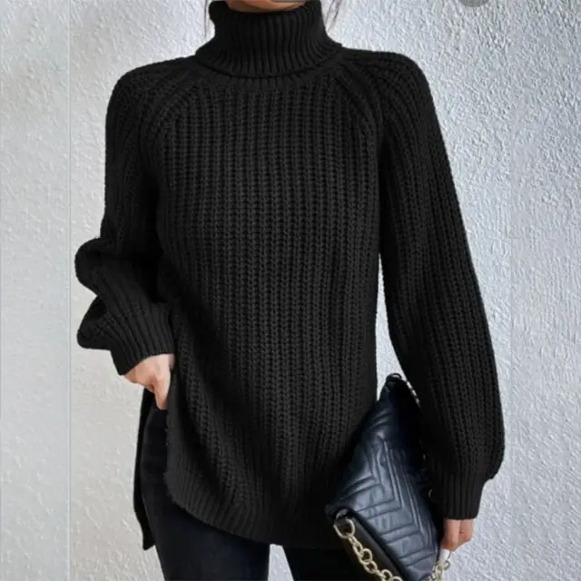 Turtleneck Pullover Sweater With Split Design Fashion Simple Solid Color Long Sleeve Tops Women's Clothing Black - Shop at LoveMi