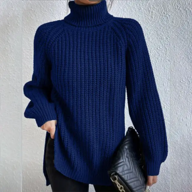 Turtleneck Pullover Sweater With Split Design Fashion Simple Solid Color Long Sleeve Tops Women's Clothing Blue - Shop at LoveMi