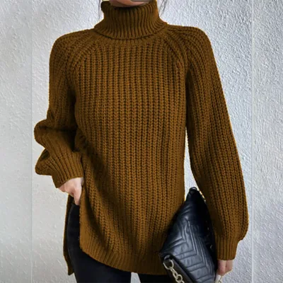 Turtleneck Pullover Sweater With Split Design Fashion Simple Solid Color Long Sleeve Tops Women's Clothing Brown - Shop at LoveMi