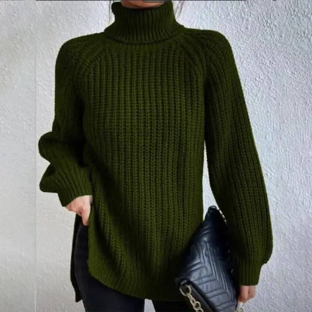 Turtleneck Pullover Sweater With Split Design Fashion Simple Solid Color Long Sleeve Tops Women's Clothing Dark Green - Shop at LoveMi