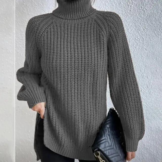 Turtleneck Pullover Sweater With Split Design Fashion Simple Solid Color Long Sleeve Tops Women's Clothing Grey - Shop at LoveMi