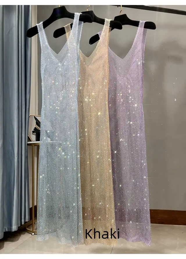 Rhinestone Mesh Base Slim Sparkling Long Skirt Girl Khaki - Shop at LoveMi