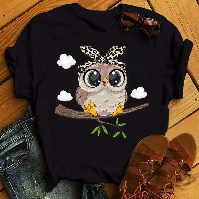 Owl Cute Cartoon Print Short Sleeve Black A - Shop at LoveMi