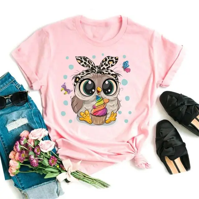 Owl Cute Cartoon Print Short Sleeve Pink A - Shop at LoveMi