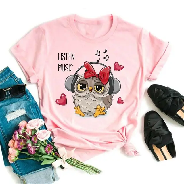 Owl Cute Cartoon Print Short Sleeve Pink B - Shop at LoveMi