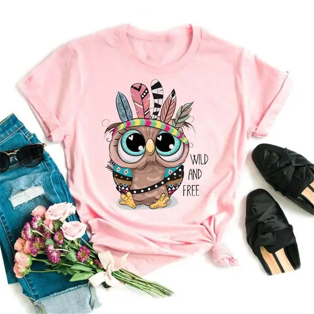 Owl Cute Cartoon Print Short Sleeve Pink E - Shop at LoveMi