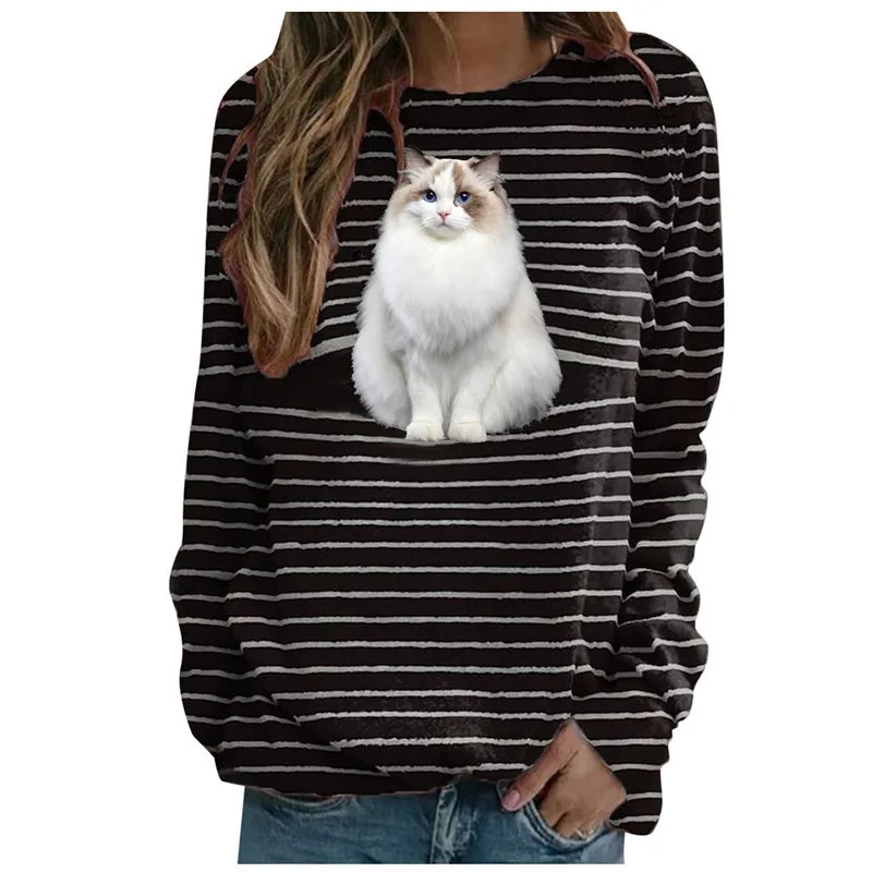 T Shirt Women's Fashion Stripe Top With Long Sleeve Ragdoll 3Xl - Shop at LoveMi