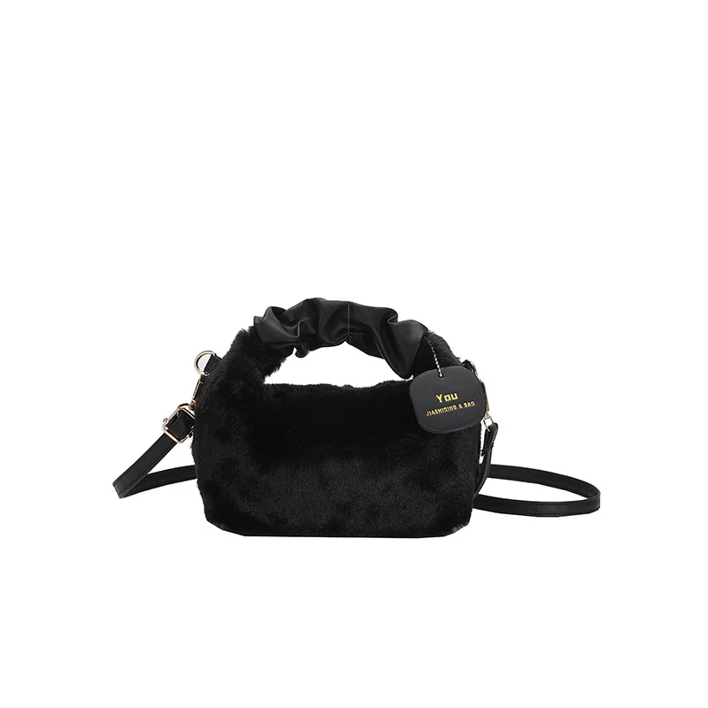 Plush Pleated Handbag Women's One Shoulder Crossbody Bag Black - Shop at LoveMi