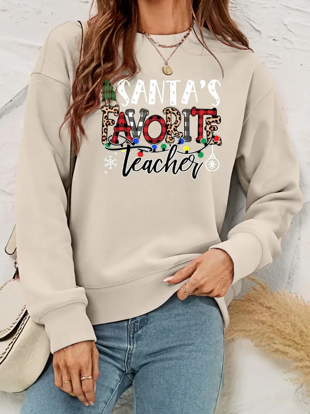 European And American Women's Clothing Pullover Christmas Sweater Women's Autumn And Winter Fleece Printed Women's Top Apricot - Shop at LoveMi