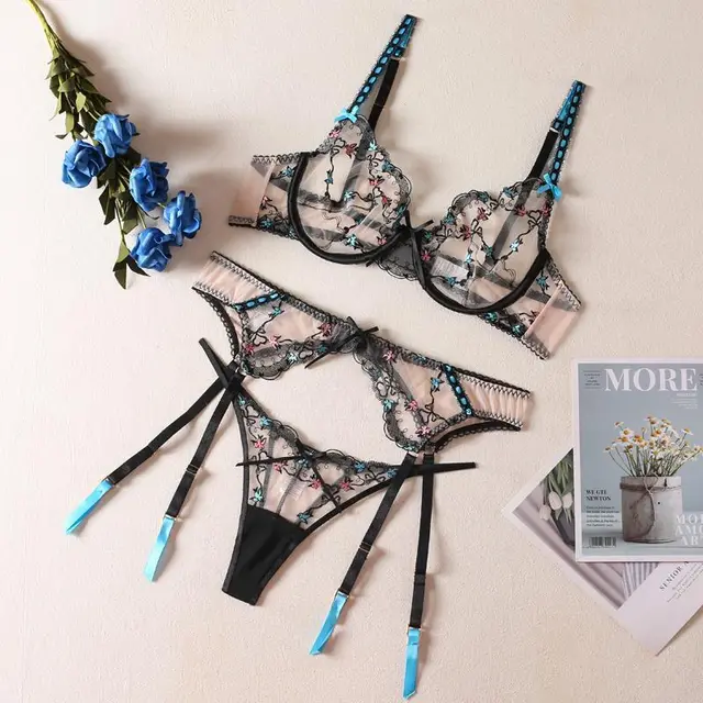 Mesh Embroidered Bra Set Steel Bra Set Three Piece Set - Shop at LoveMi