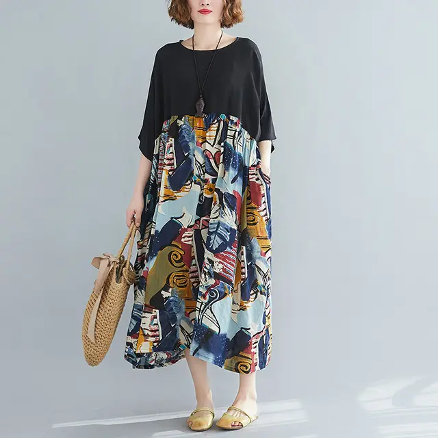 Contrasting Color And Swinging Print Short Sleeve Dress For Women Black - Shop at LoveMi