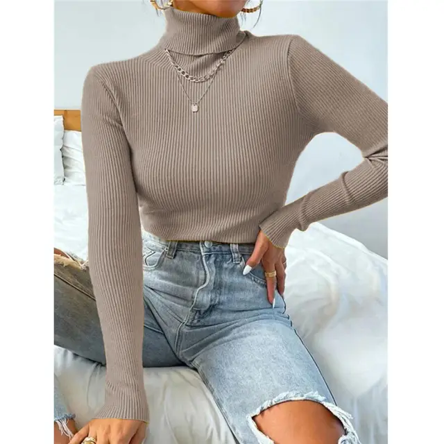 New European And American Women's High Neck Sweater Pullover Knitted Top Khaki - Shop at LoveMi