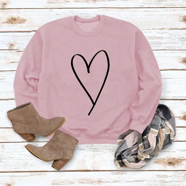 European And American Women's Clothing Top Line Love Valentine's Day Round Neck Casual Long Sleeve Sweatshirt Pink Sweatshirt Black Font - Shop at LoveMi