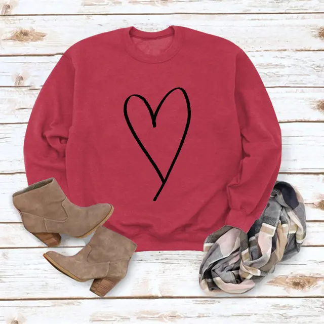 European And American Women's Clothing Top Line Love Valentine's Day Round Neck Casual Long Sleeve Sweatshirt Red Sweater Black Font - Shop at LoveMi