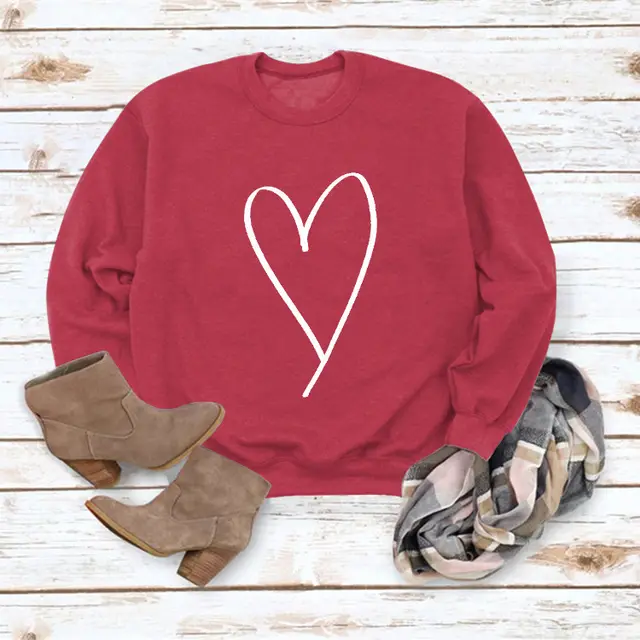 European And American Women's Clothing Top Line Love Valentine's Day Round Neck Casual Long Sleeve Sweatshirt Red Sweater White Font - Shop at LoveMi