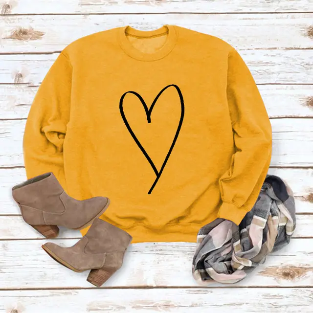 European And American Women's Clothing Top Line Love Valentine's Day Round Neck Casual Long Sleeve Sweatshirt Yellow Sweater Black Font - Shop at LoveMi