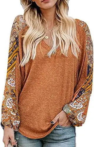 Women's New Loose V-neck Balloon Splicing T-shirt Women - Orange