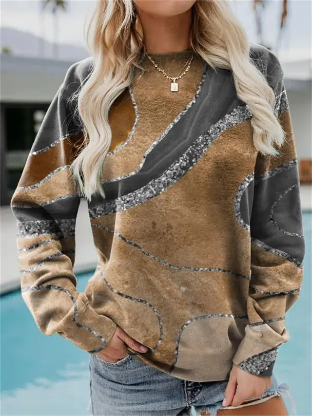 Women's Casual Geometric Loose Print Long Sleeve Round Neck Sweater Khaki - Shop at LoveMi