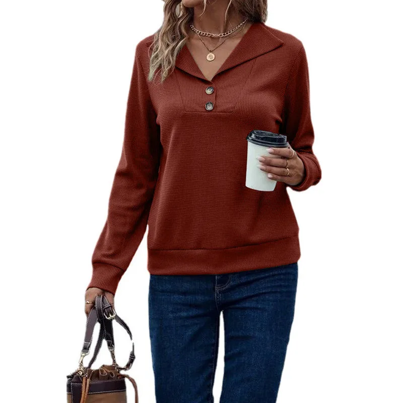 Casual Women's Waffle Collar Solid Single Breasted Long Sleeve Women - Brick Red - View 1
