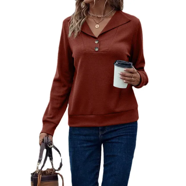 Casual Women's Waffle Collar Solid Single Breasted Long Sleeve Women Brick Red - Shop at LoveMi