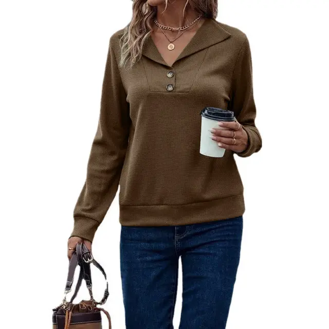 Casual Women's Waffle Collar Solid Single Breasted Long Sleeve Women Light Brown - Shop at LoveMi