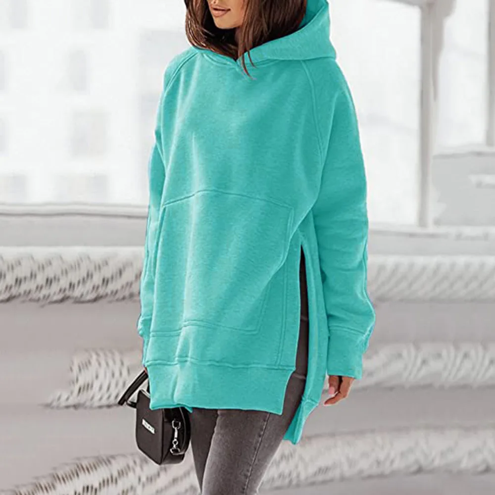 Women's Solid Round Neck Loose Pocket Plush Hoodie - Sky Blue