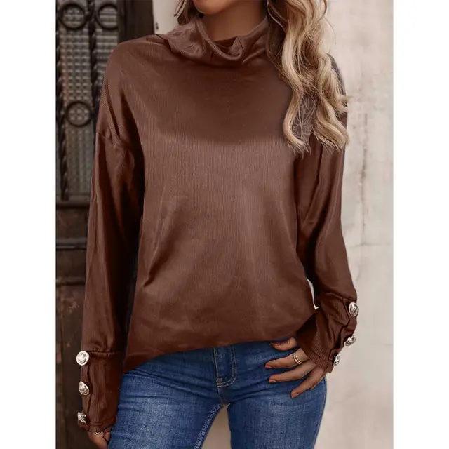 New European And American Women's Sweater High Button Top Dark Brown - Shop at LoveMi