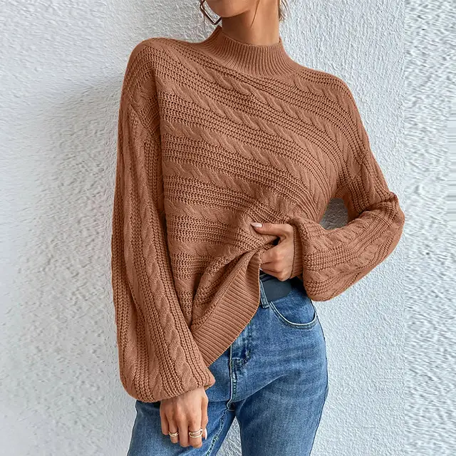 New Solid Color Women's Blouse Loose Round Neck Sweater Brown - Shop at LoveMi