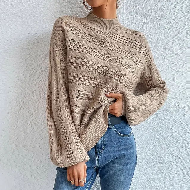 New Solid Color Women's Blouse Loose Round Neck Sweater Khaki - Shop at LoveMi